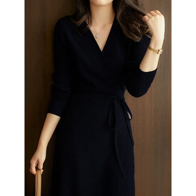 Vestido cruzado con cuello en V para mujer, ropa femenina holgada, elegante, falda de punto, versión coreana, otoño e invierno, 2024