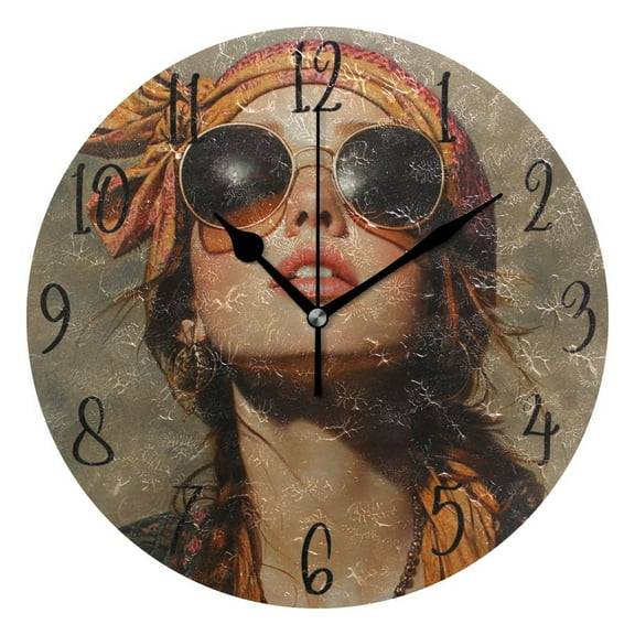 WOBOGO The Hippie Artist Wall Clock 10in Silent Mechanism Battery Operated Retro Style for Living Room Bedroom and Kitchen Black Pointer