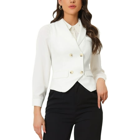 Allegra K Women's Suit Vest Double Breasted Lapel Dressy Waistcoat Vest XS White