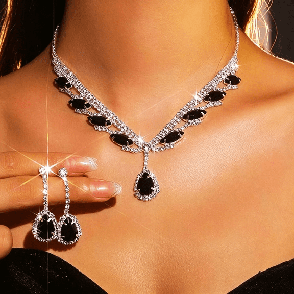 DESIGNICE Bridal Jewelry Set Black Wedding Rhinestone Necklace Sets for Women