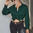 thumbnail image 4 of Camisa a cuadros para mujer, cuello vuelto, manga larga abombada, estampado, camisa de corte informal para mujer, 4 of 7
