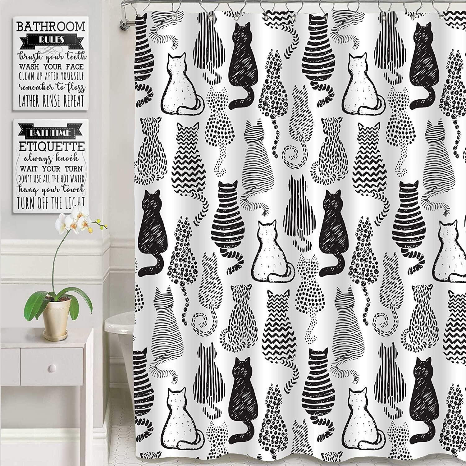 Black and White Cat Shower Curtains Set Cute Abstract Kitten Theme Woman and Girl Gifts Fabric