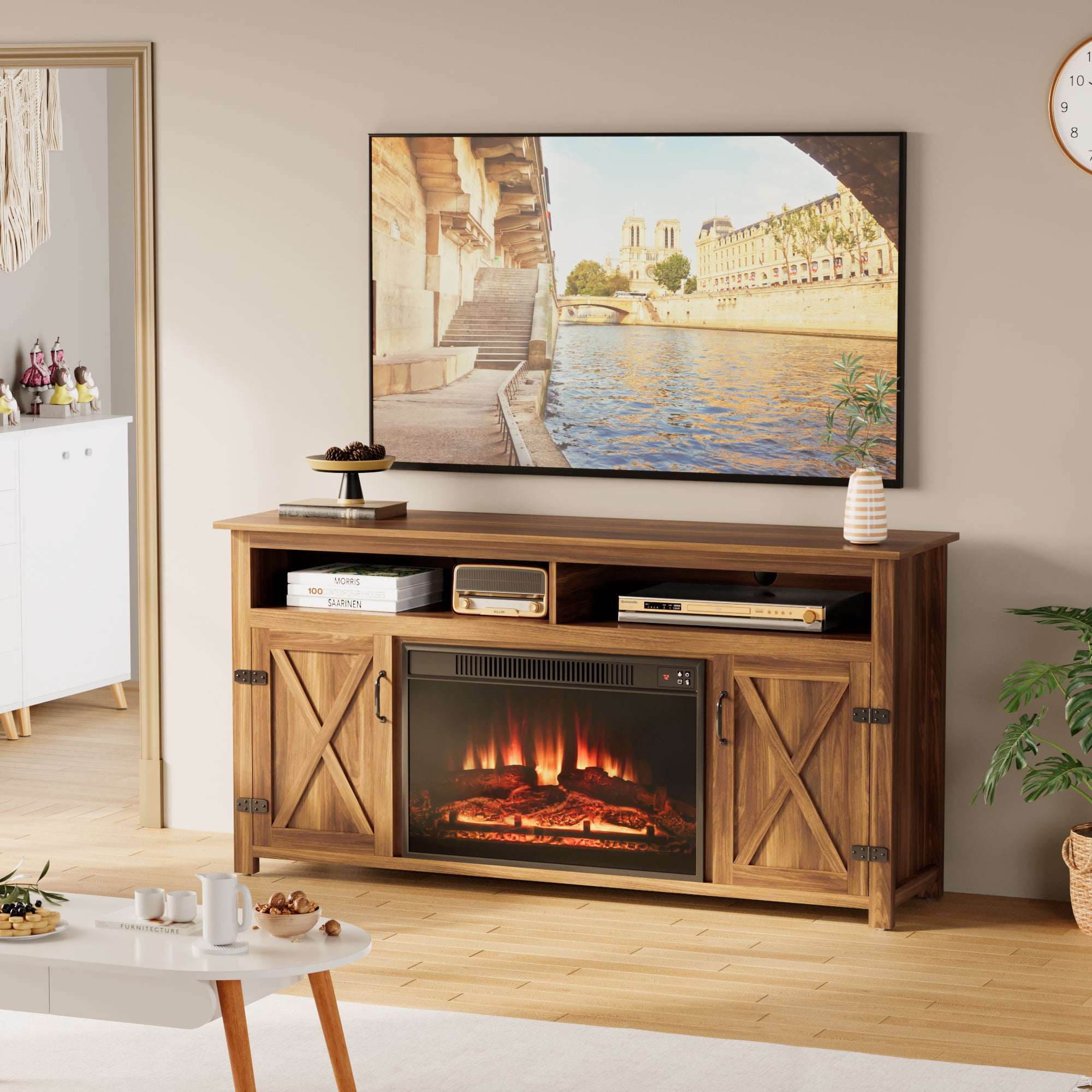 Homall Fireplace TV Stand Farmhouse TV Stand for TVs up to 65 inch with 26" Fireplace Rustic Multimedia Entertainment Center Media Console for Living Room with Barn Doors,Dark Brown