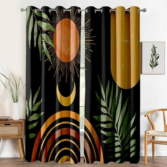 Black Mid Century Abstract Blackout Curtains, Colorful Boho Aesthetic Black Out Curtains For Bedroom Vintage Rainbow Green Leaves Light Blocking Curtain Window Drapes 26"W x 45"L (Pack of 2)