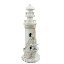 Puzzled White Wooden Lighthouse Decor - Handcrafted Nautical Lighthouse Table Top Decor, Lighthouse Sea Decorations For Home with Small Starfish  Nautical Net, and Seashell Ocean Trinkets - 11 Inches