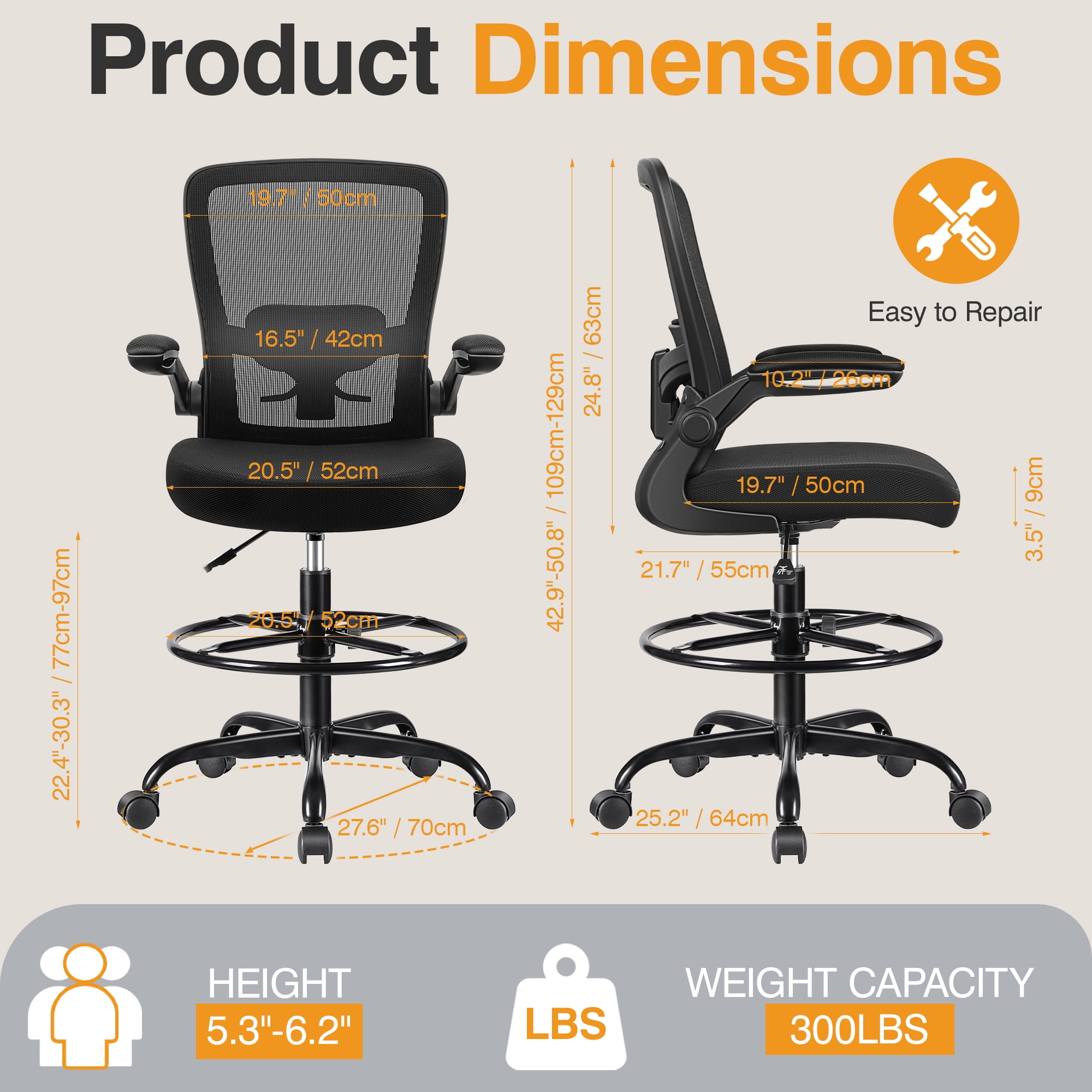 COOLHUT Home Office Chair with Flip-up Armrests for Standing Desk, Ergonomic Computer Office Desk Chair with Adjustable Foot Ring, Office Desk Chairs with Adjustab Lumbar Support for Workplanc, Black