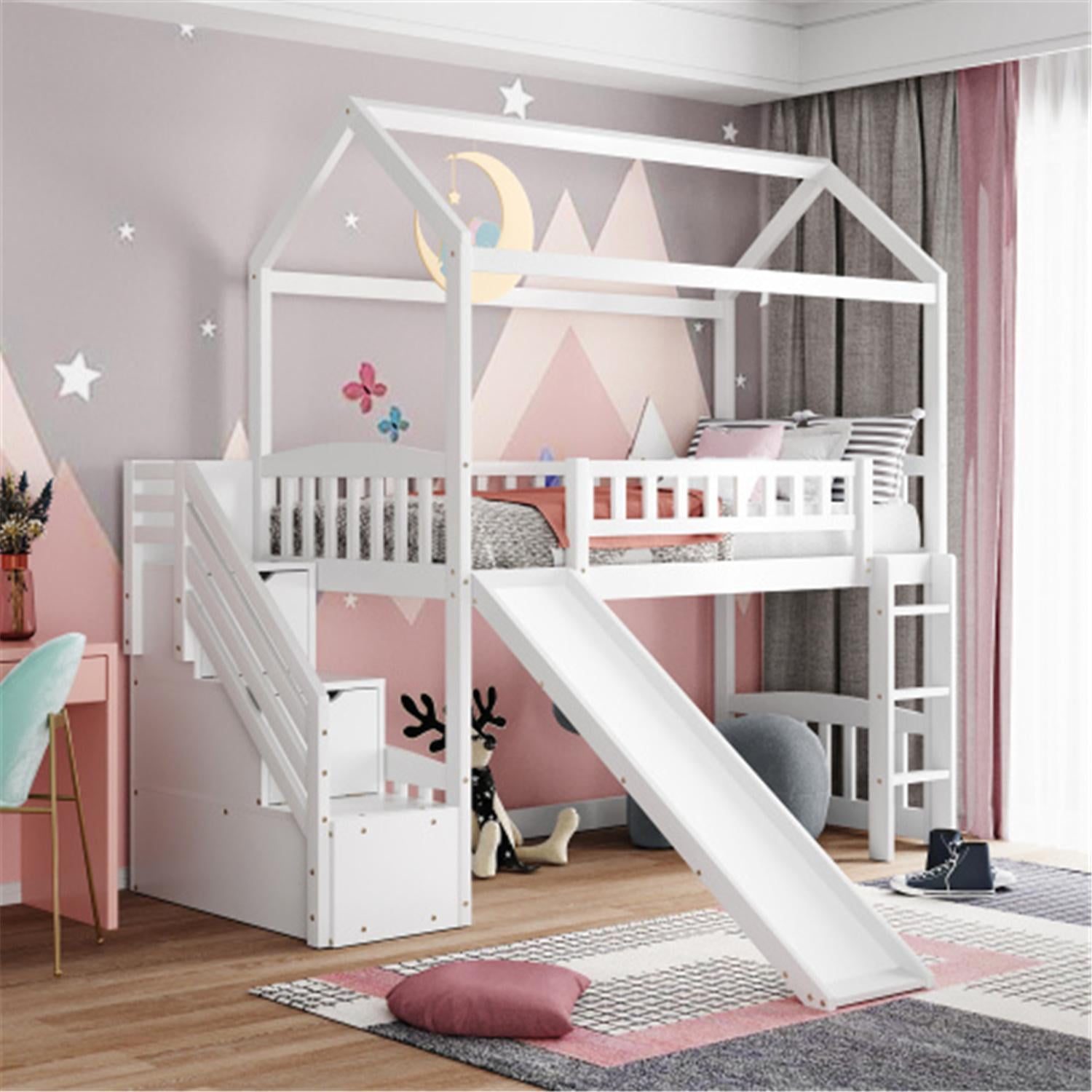 Twin Loft Bed With Slide And Storage Stairs House Loft Bed Frame With Ladder And Guardrail For Kids No Spring Box Needed White Walmart Com