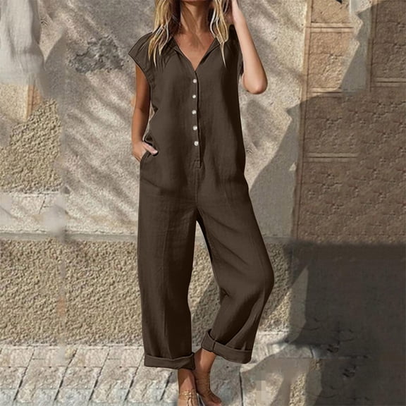 Jumpsuits for Women Casual Solid Linen Button Front Sleeveless Overalls, Long Pants for Casual Weekend Style Brown L