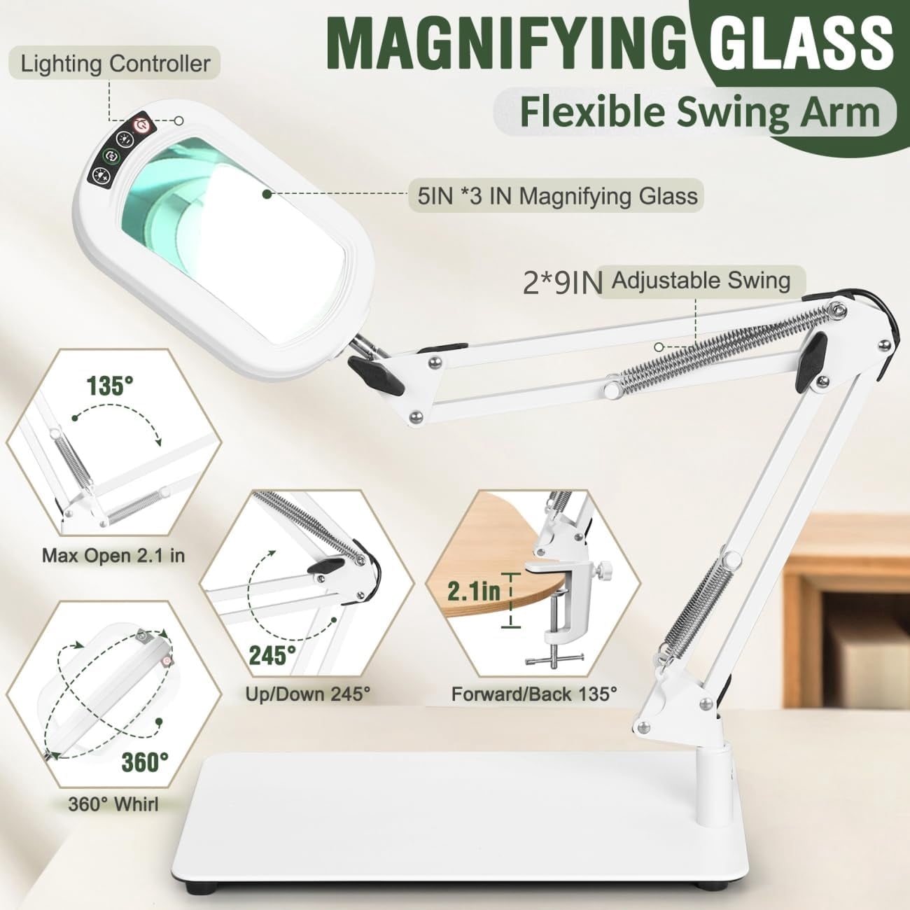 Veemagni Magnifying Glass with Light, Square Real Glass LED Desk Lamp 5 Color Modes Stepless Dimmable Hands-Free Stand & Clamp for Hobby Close Work - White