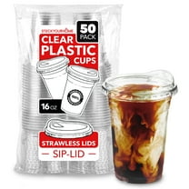 16 oz Clear Plastic Cups with Lids Disposable, Togo Drinking Cup with Strawless Sip Lid for Smoothie, Cold Brew Iced Coffee, Lemonade, Ice Latte, Boba, Party Drinks, Bulk, 16 Ounce (Set of 50)