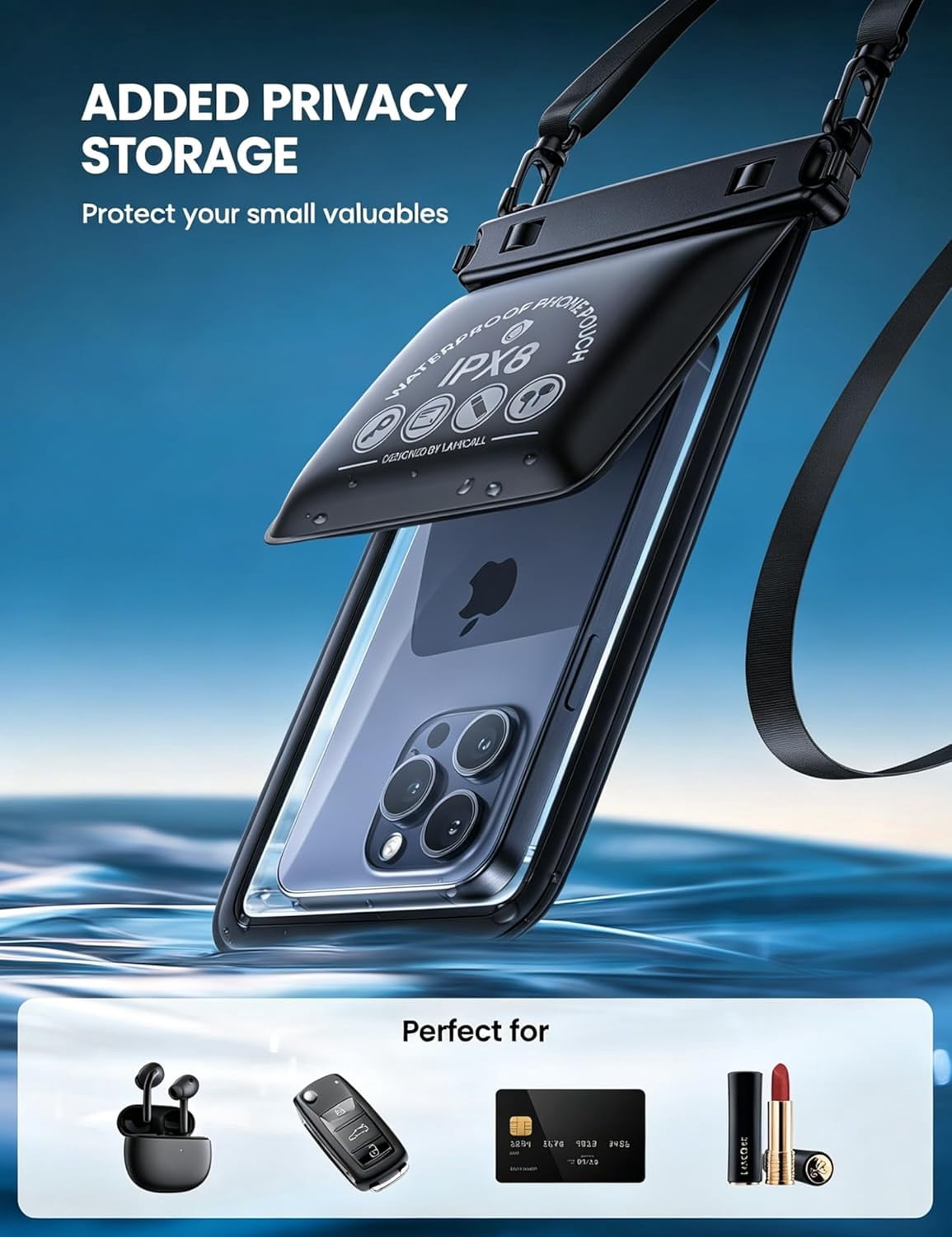 Double Pocket Waterproof Phone Pouch - IPX8 Dry Bag - Privacy Storage for Card & Key - Cruise Ship, Beach Essentials for iPhone 17 16 15 14 13 Pro Max, Galaxy S25, for Bulky Cases up to 7.5"