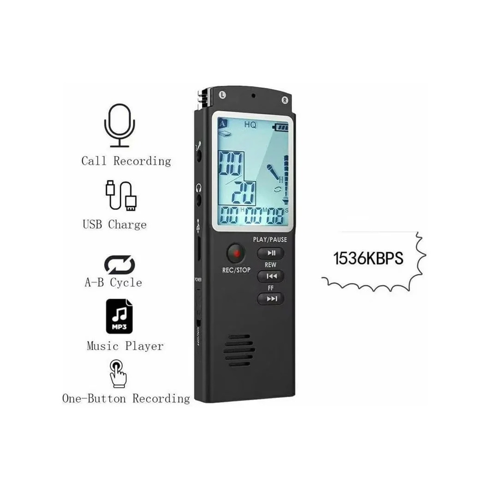 Voice Activated Recorder with Earphone & USB Charge Cable, Digital Voice Recorder with Playback ,Multi-Function