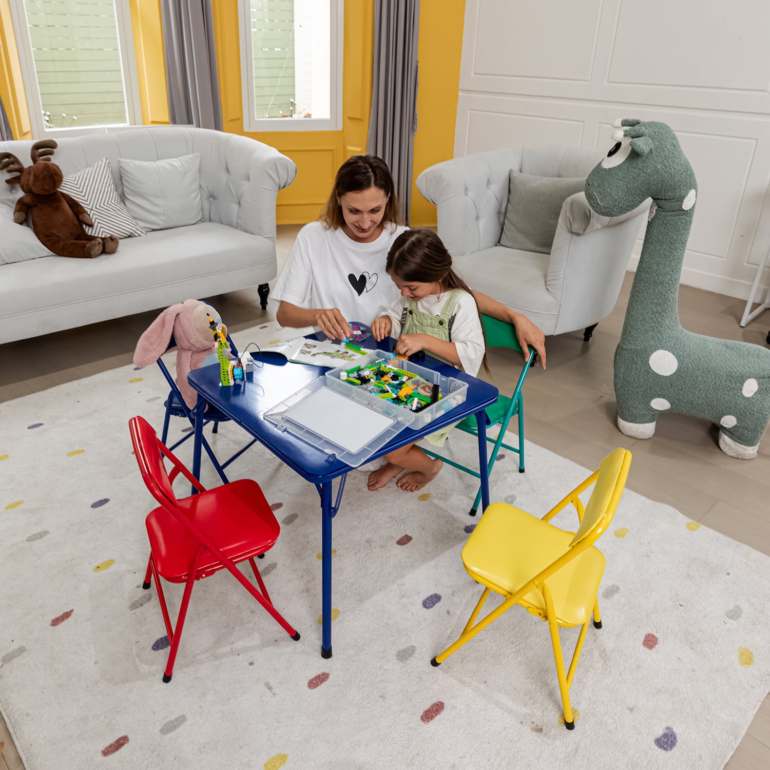 Homy Casa Folding Play Table Set with 4 Chairs, Ideal for Toddler Playroom Classroom Activity Playset, Multicolor