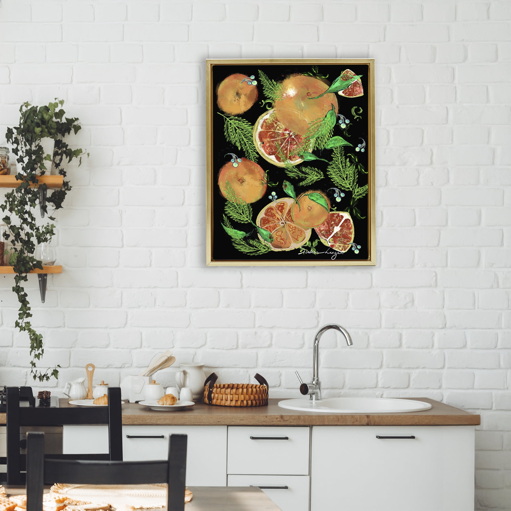 Stupell Industries Grapefruit & Ferns Medley Gold Framed Floater Canvas Wall Art, design by Susan Lugar