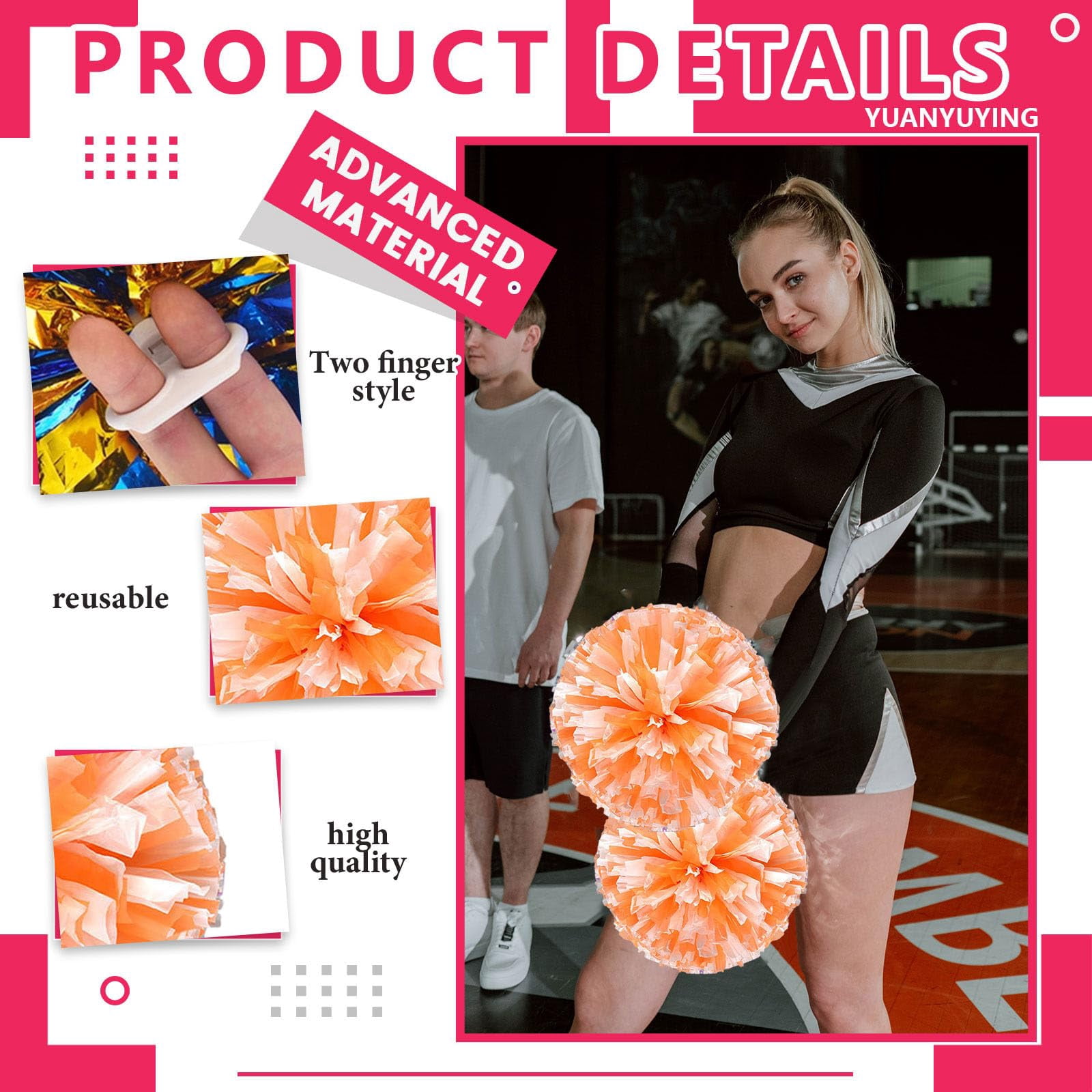 Pom Poms Cheer 8 Pieces, Cheerleading Pompoms Handheld Squad Set for Sports Team, Party, Festival, Adults Kids, Easy Fluff Design