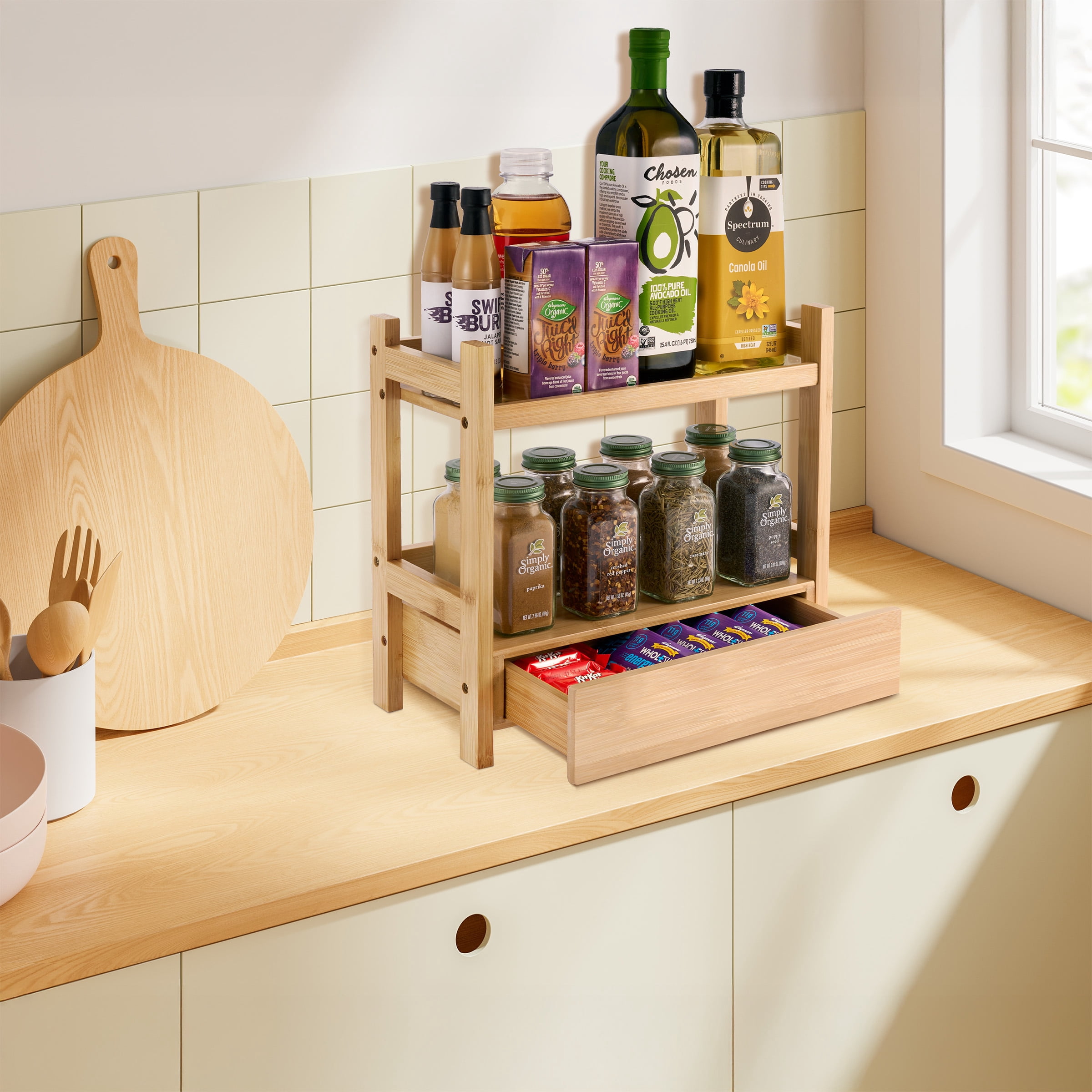 Sorbus 2-Tier Bamboo Shelf with Hidden Drawer - Bathroom Storage