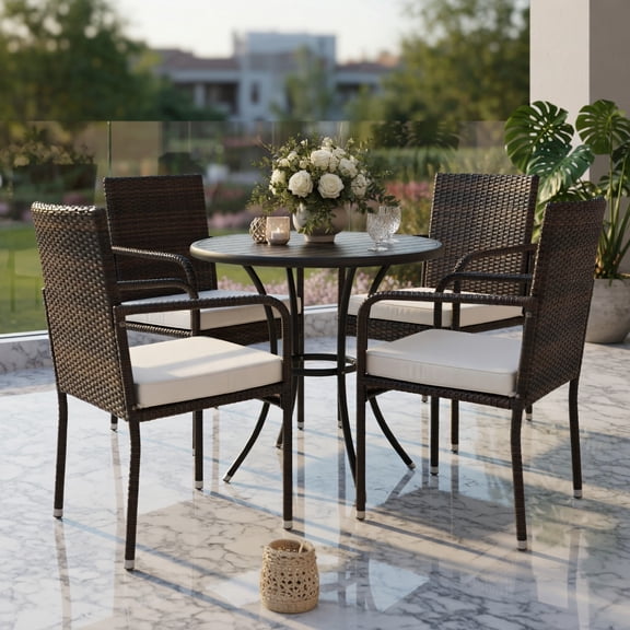 4-Piece Outdoor Rattan Dining Chair Set with Cushions – Weather-Resistant PE Wicker, Steel Frame, Patio & Garden Seating for Backyard, Poolside, and Outdoor Dining
