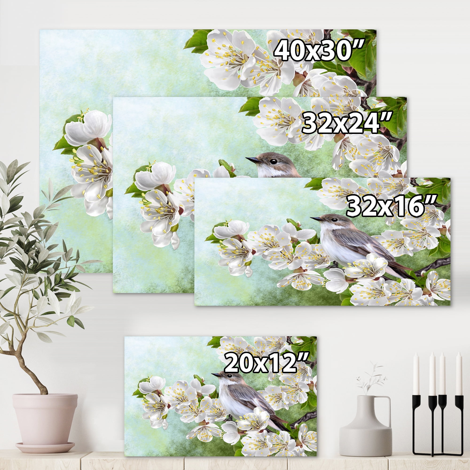 Designart ' Gray Bird Sitting On A Branch of A Blossoming Tree ' Traditional Canvas Wall Art Print