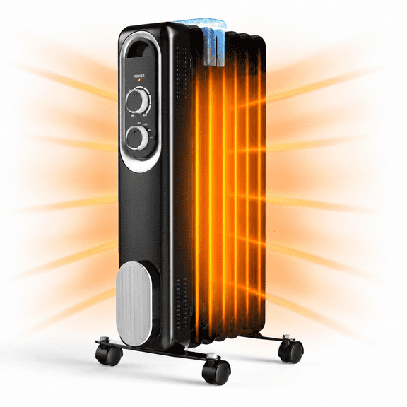 SUMELL 1500W Oil Filled Radiator Heater, 3 Heat Settings, Adjustable Thermostat, Fanless Design, Portable with Wheels, Black