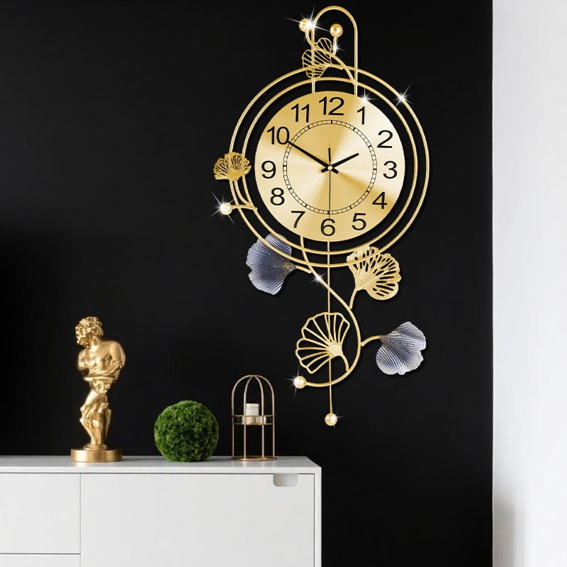 Elegant Metal Wall Clock with Pendulum and Gold and Gray Leaves, Modern Non-Walking Silent Metal Wall Clock