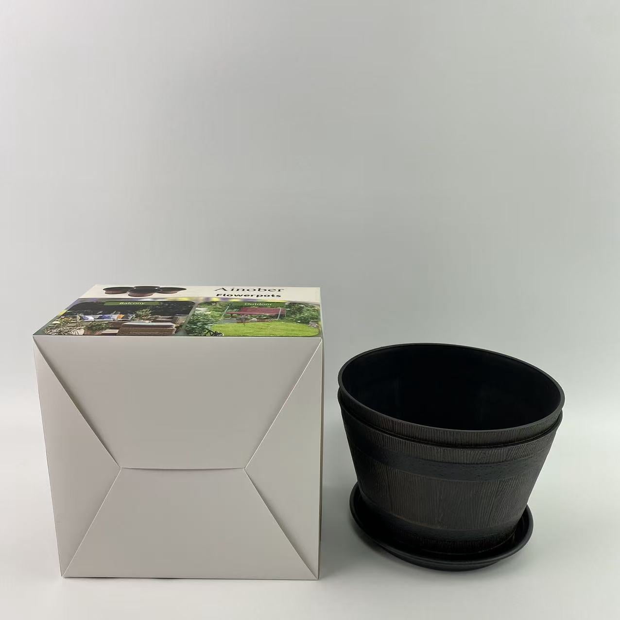 Ainober Flowerpots,10 inch Plant Pots,Plastic Decoration Flower Pots Imitation Wine Barrel Design, for Indoor & Outdoor Garden Home Plants (Brown)