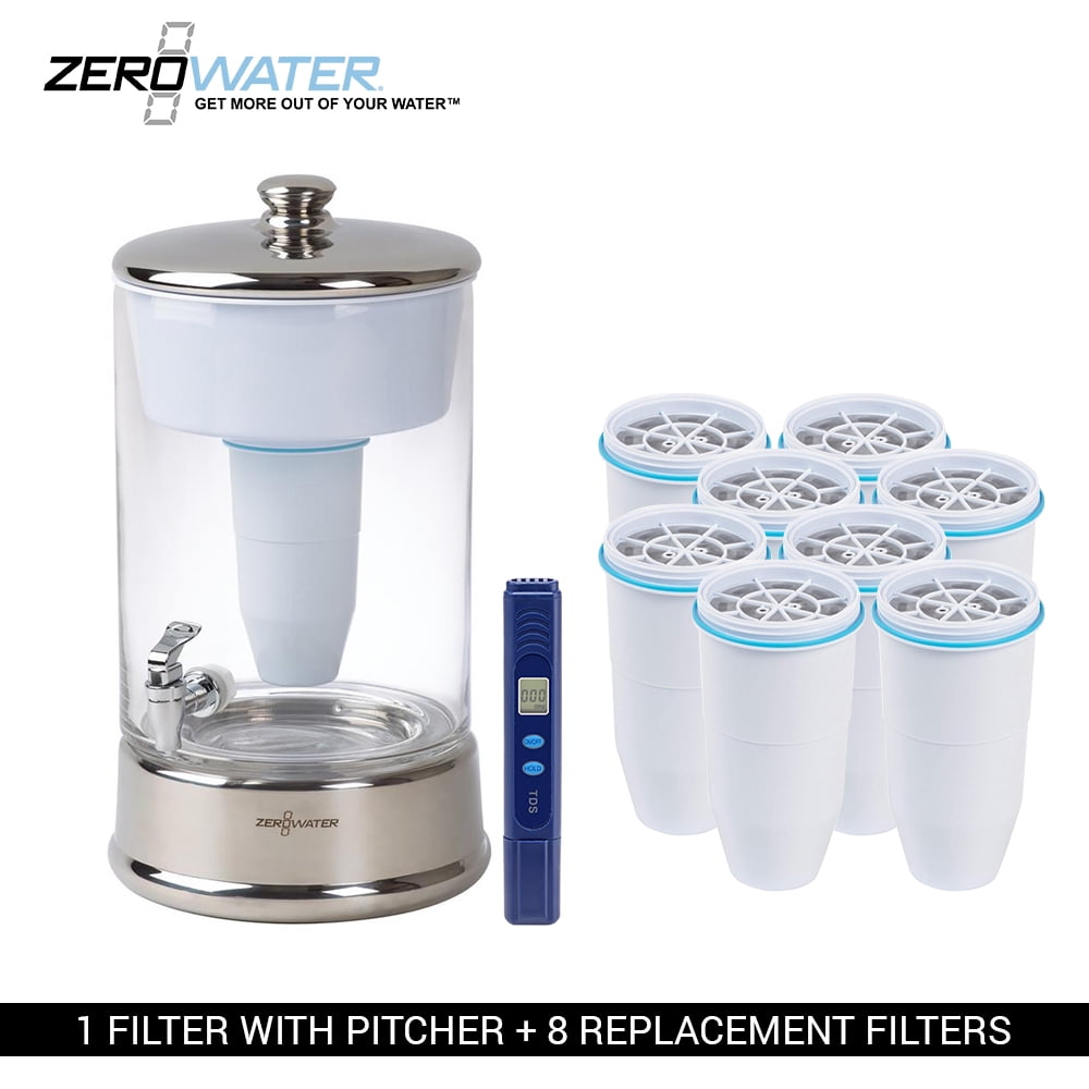 Zero Water 40Cup Portable 2.5 Gallon Glass Dispenser & 8 Replacement