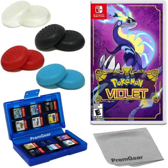 Pokémon Violet for Nintendo Switch (US Version), with PremGear Thumb Grips (8 pack - 2 Black, 2 Blue, 2 Red & 2 Clear), 24 Slot Game Card Holder & Cleaning Cloth