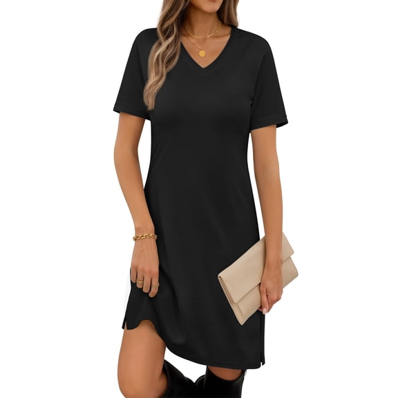 MOSHU V Neck Dresses for Women Side Split Short Sleeve Dresses Casual Summer Dress with Pockets
