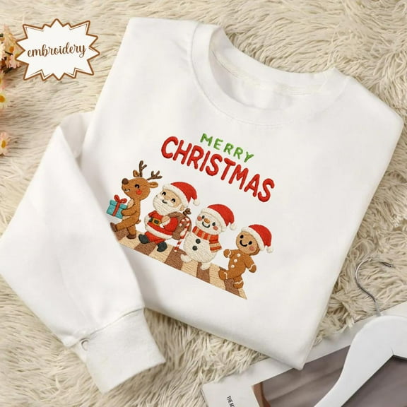 Merry Christmas Embroidered Sweater, Reindeer Embroidery Sweatshirt, Holiday Xmas Jumper, Festive Reindeer Hoodie, Embroidered T-Shirt