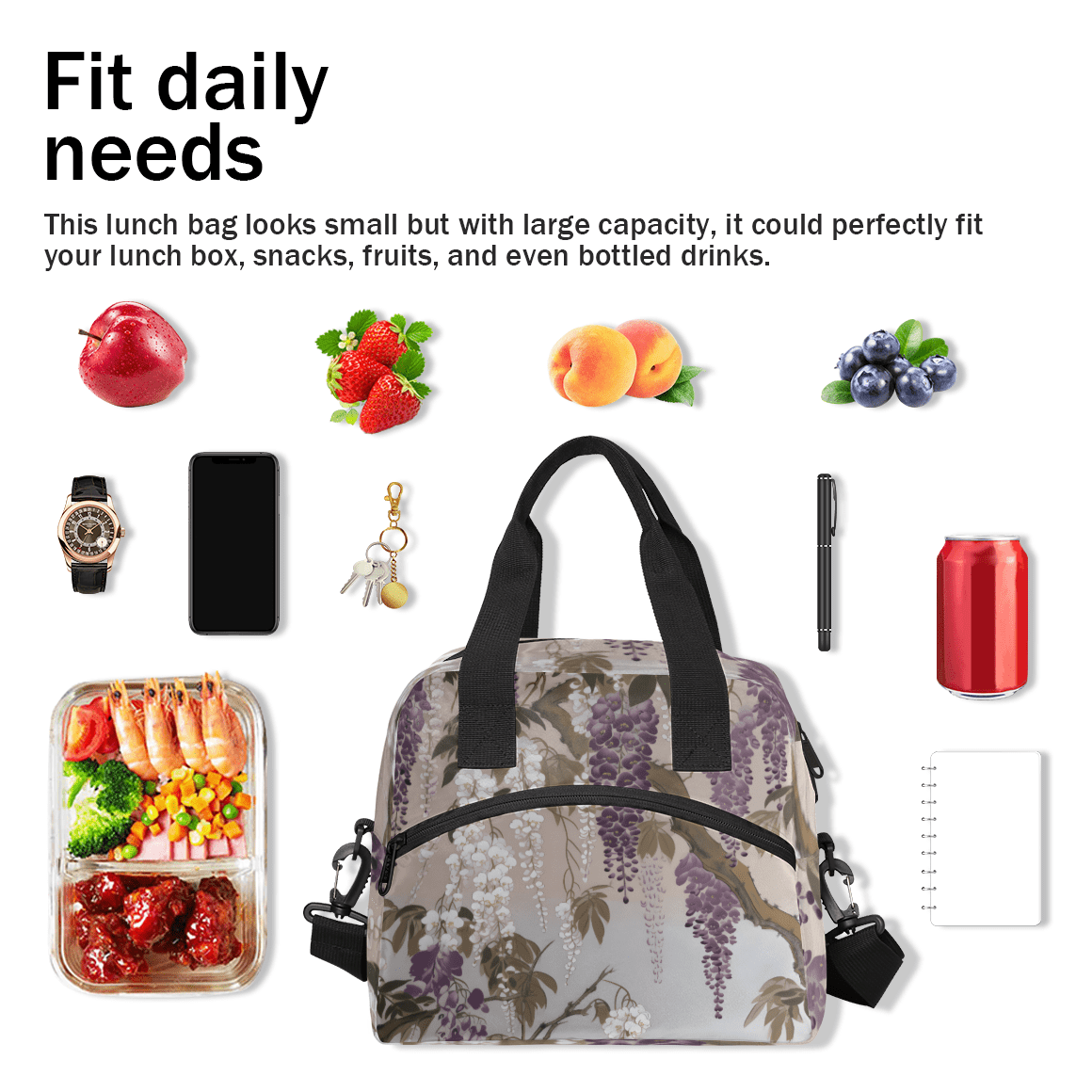 Herdesigns Floral Wisteria Insulated Lunch Bag for Women Men Adults Large Reusable Lunch Box Purple Flower Leakproof Cooler Tote Bags with Adjustable Shoulder Strap