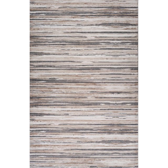 Indoor area rug featuring abstract horizontal stripes in beige, grey, and brown tones suitable for living room or bedroom.