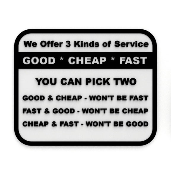 Clever Contraption Funny Sign | Three Kinds of Service – Good, Cheap, Fast - Black & White