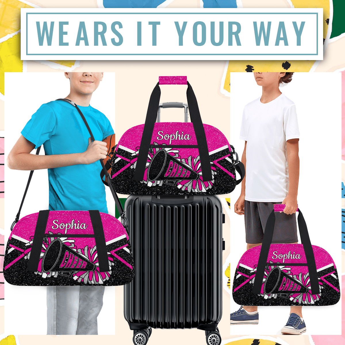Jiaoprinted Personalized Cheer Bag for Women, Custom Sport Duffel Bag with Name, Customized Gym Bag, Weekender Overnight Bag, Cheerleading Gifts, Pink Black