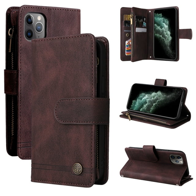 Case for iPhone 12 Pro Cover Zipper Pocket Wallet Case Magnetic Protective - Braun
