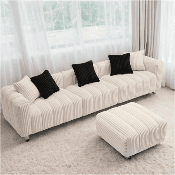 JERFIT Modern Oversized Corduroy Sofa Set with Recliner Footstool, 3-Seater Couch for Living Room, Plush Foam Cushions on Solid Wood Frame, Milk White