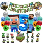 MinecraftBalloons Birthday , Gaming Birth-day Decoration 5 Years Boy Girl Game Theme Party Accessory Set Includes Happy Birthday Banner Balloons Tablecloth Party Decoration Set