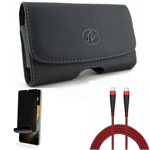 10ft PD Cable & Privacy Screen Protector & Case Belt Clip for Samsung Galaxy S22 Plus (S22 ) - Combo Type-C to USB-C Charger Cord Power & TPU Film (Fingerprint) Anti-Peep & Leather Swivel Holster