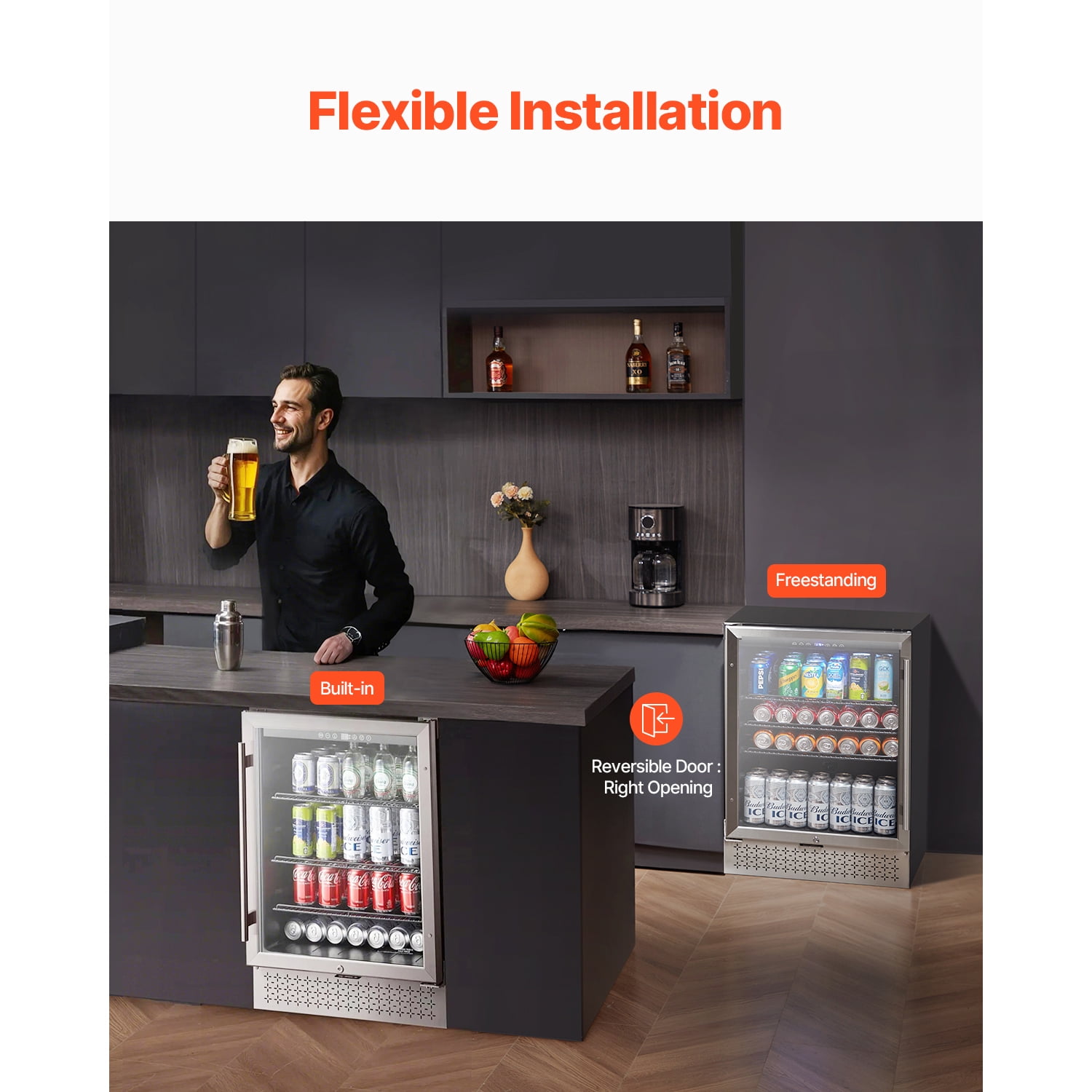 KFFKFF Drink Cooling Appliance, 154 Can Capacity Drink Chiller, Compact Refrigerator with Transparent Door, Modifiable Racks, Electronic Temp Regulation, Integrated & Detachable Soft Drink Chiller