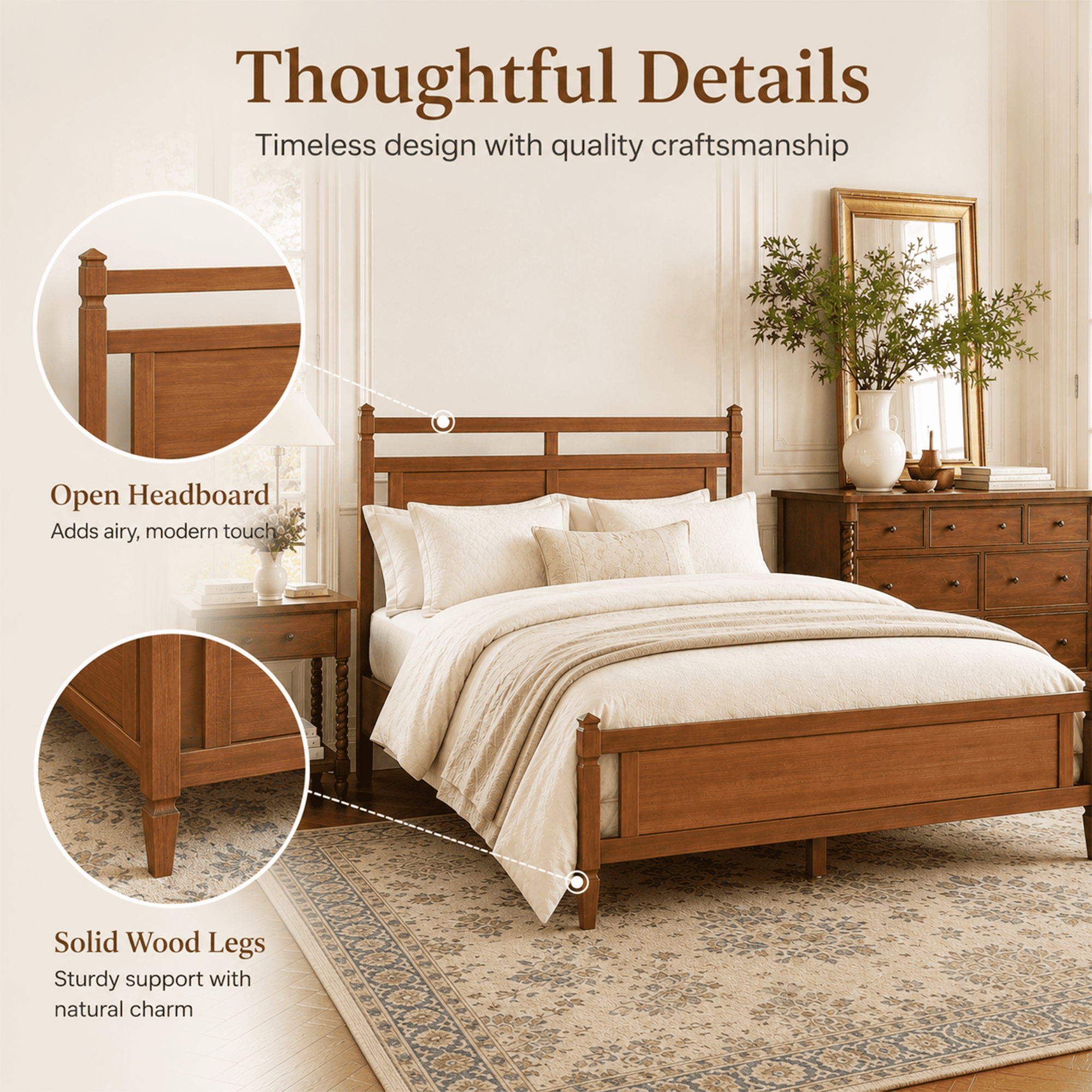 Euroco Modern Wood Queen Size Platform Bed, Mid-Century Bed Frame with Panel Headboard, No Box Spring Needed, Light Walnut