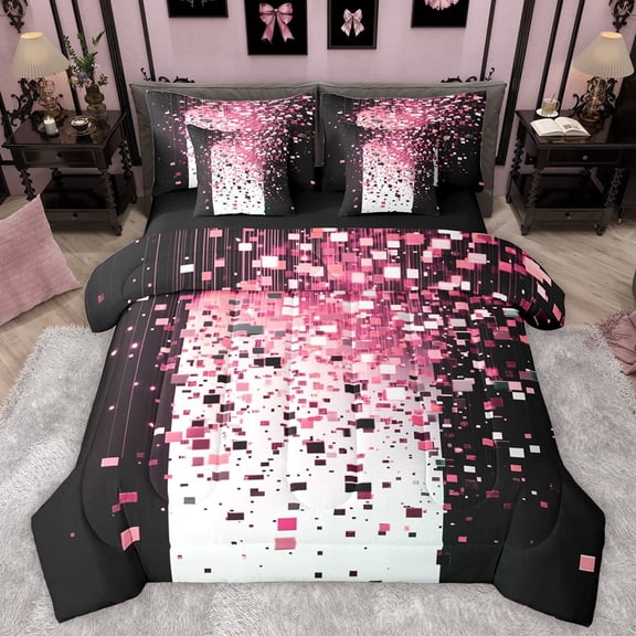 Manfei Female Men Geometric Plaid Twin Bedding Sets 7-Piece,Abstract Gradient Bedding Comforter Set Microfiber,Bling Glitter Breathable Sheet Sets,Luxury Bedroom Decor,Reversible