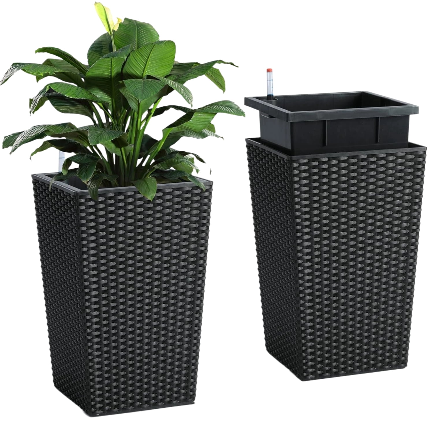Garvee 15.6" Tall Planter Pots Set of 2, Rattan style, Tray & Water Level Monitor, Black