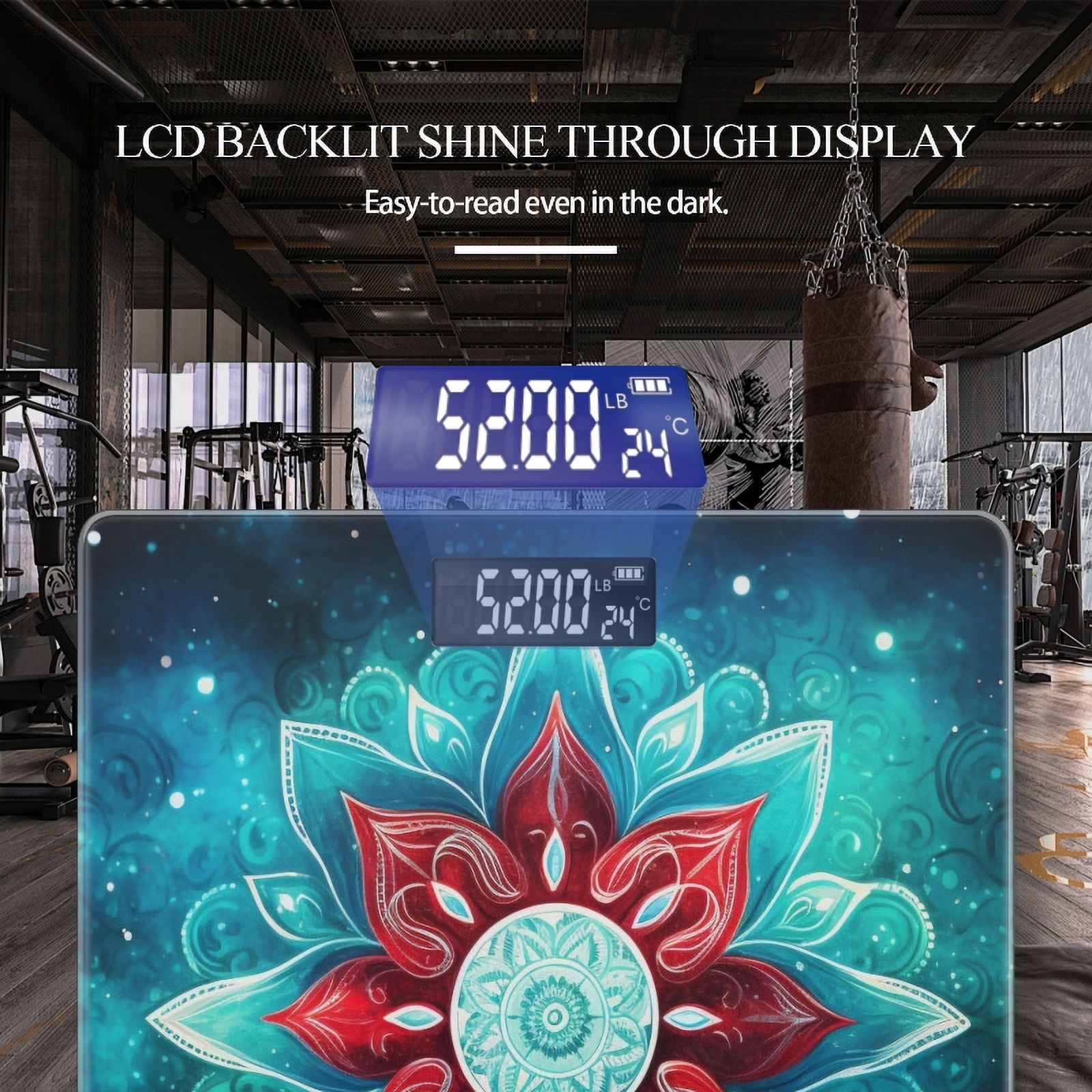 Bathroom Scale, Highly Accurate Digital Body Scale,Precisely Measures Weight up to 400 lbs-Red And Blue Floral Mandala With White Center