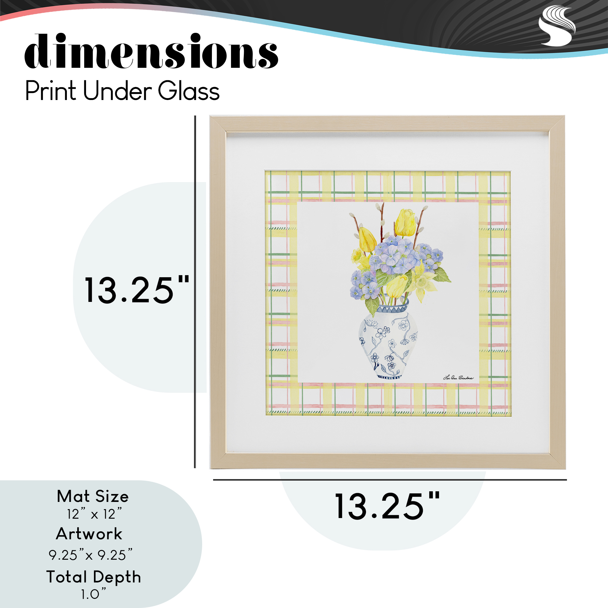 Spring Vase on Yellow Plaid Birch Framed Print Under Glass, design by Lee Ann Sanders