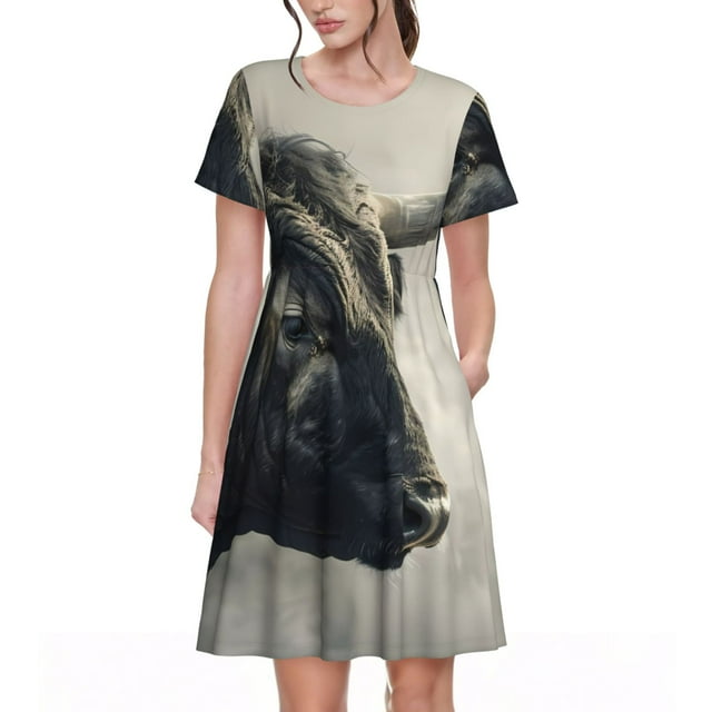 Lukts Robe à Manches Courtes Taureau Mystique dans le Brouillard pour Femmes, Col Rond, Robe T-shirt Slim Longueur Genou, Adaptée pour les Loisirs Quotidiens et le Bureau
