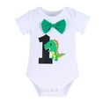 thumbnail image 2 of FYMNSI Baby Boy Dinosaur 1st First Birthday Party Cake Smash Outfit Cotton Short Sleeve Romper Y-Back Suspenders Shorts Pants 3pcs Set Photo Props Summer Clothes 6-12 Months Green, 2 of 7