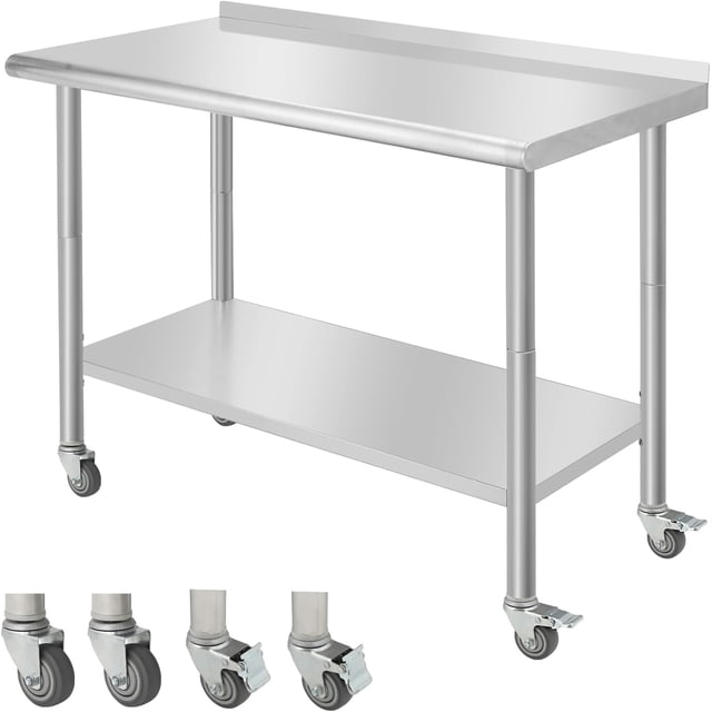 Table de Travail en Acier Inoxydable Robuste 48x24 Po avec Tablette Inférieure Réglable et Roulettes, Table de Préparation Commerciale pour Cuisine, Garage et Maison