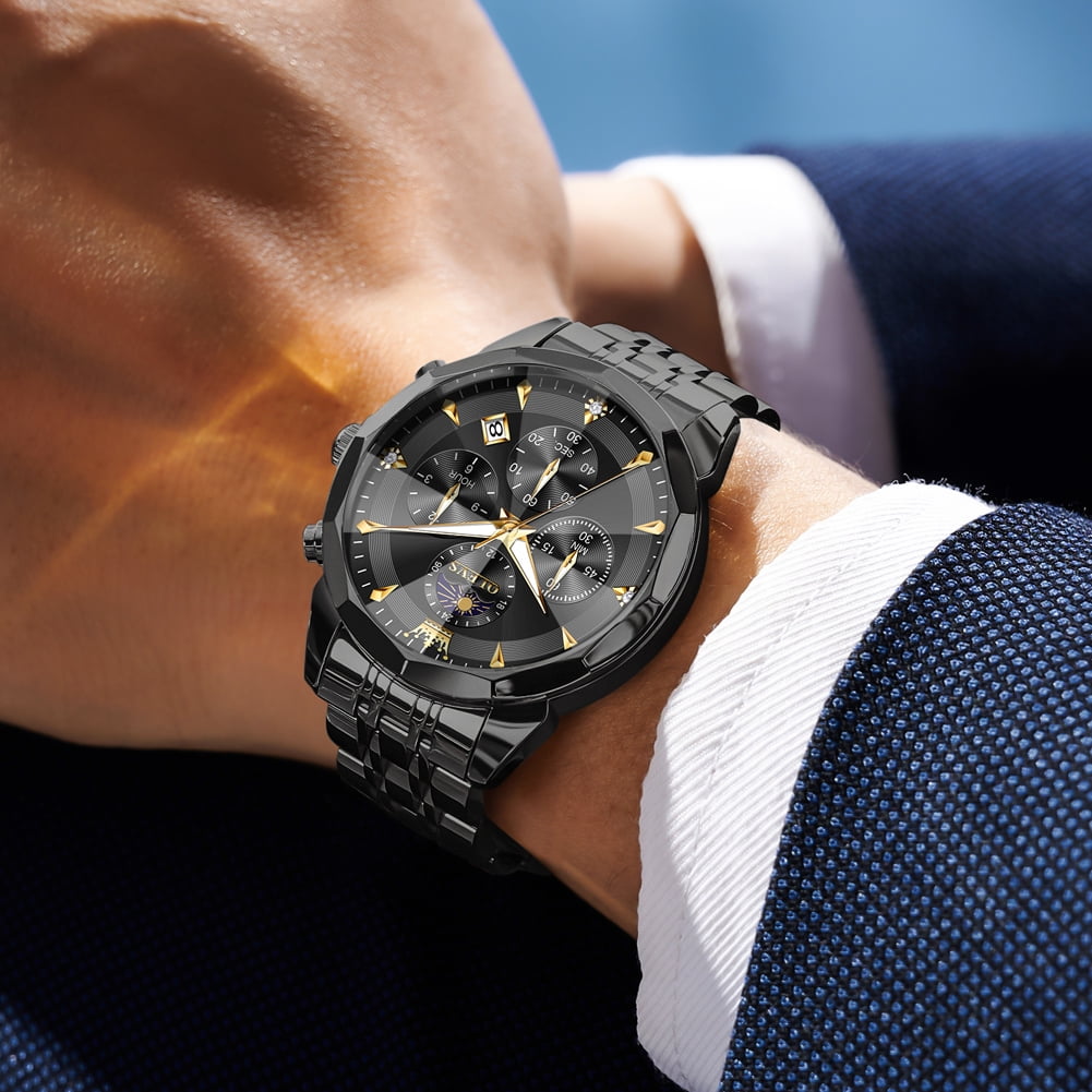 OLEVS Watches For Men Business Dress Luxury Casual Chronograph Multifunction Analog Quartz Stainless Steel Waterproof Luminous Moon Phase Date Men Wrist Watches Reloj Para Hombre Black Dial