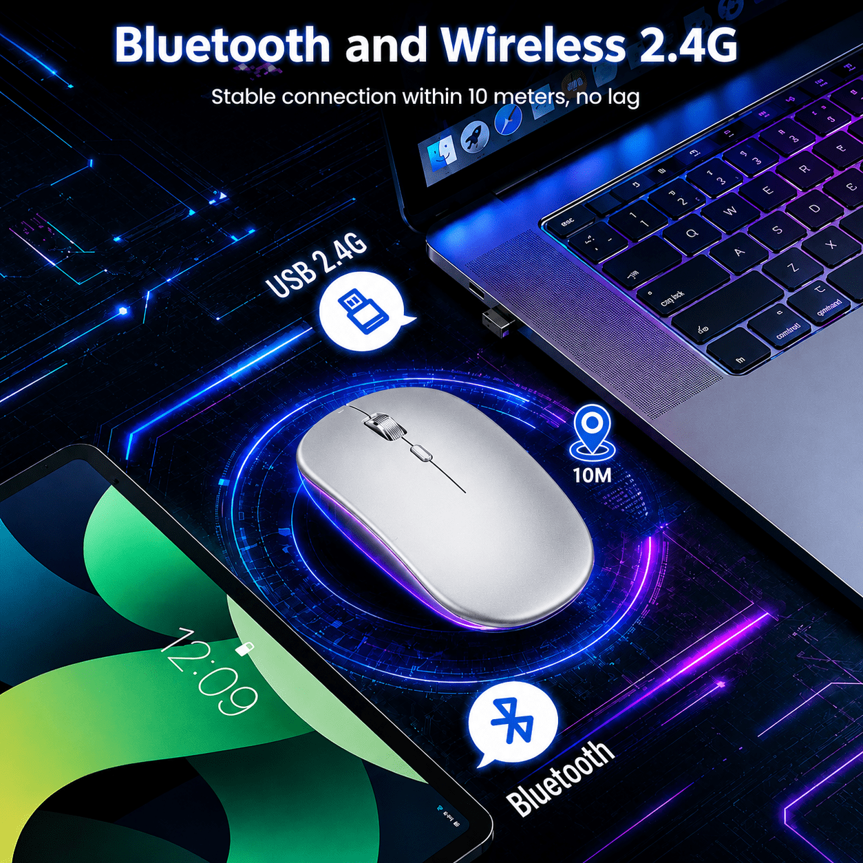 Verdevida Wireless Bluetooth Rechargeable Mouse with LED lights, Dual Mode BT 5.2 & 2.4G with Nano Receiver, Portable Mouse for Laptop,Macbook,iPad