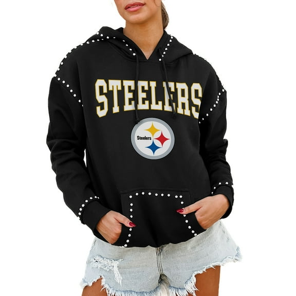 Women's Gameday Couture Black Pittsburgh Steelers Oversized Catch the Vibe Studded Pullover Hoodie