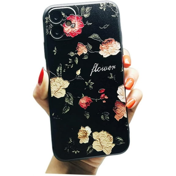 Gorgeous Floral Embossed Design Soft TPU Phone case for iPhone 14 13 12 11 8 7 6 S X XS XR Plus Pro Max Mini Protective Cover Charming Thin Light Drop Proof Bumper(Black,14 Pro max)